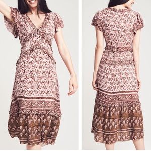 Faherty Dress Bonita Floral Print Neutral Brown Midi Ruffle Boho Festival size M